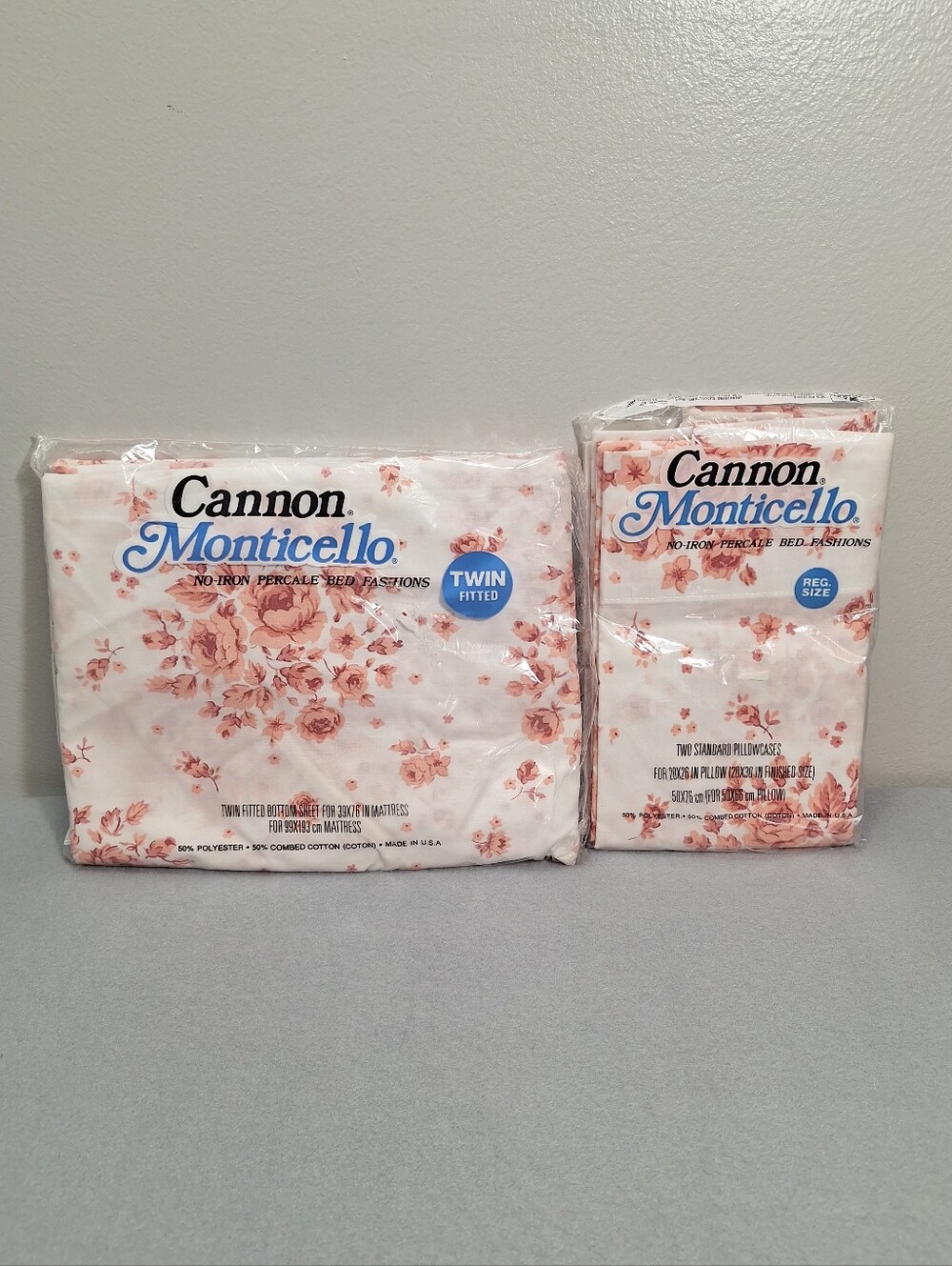 NOS VTG Cannon Monticello Twin Fitted Sheet & 2 Pillowcases White/Pink Floral